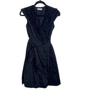 Calvin Klein Wrap Dress Size 2 A Line Midi Black Ruffle Cap Sleeve Lightweight